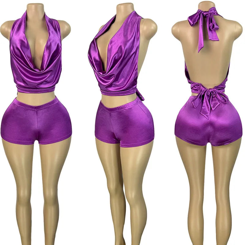Doyerl Satin Club Festivals Outfits Women Two Piece Sets Sexy Birthday Halter Backless V-neck Ruched Crop Top and Shorts Set
