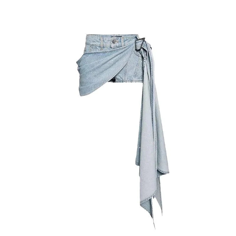 New Fashion Denim Skirt Women Summer Irregular Beading Sexy Spicy Girl Jeans Skirts Club Short Skirts Streetwear