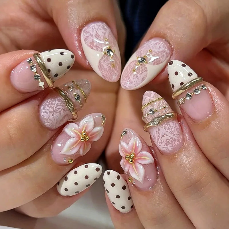 24PCS Sweet Purple Gradient French False Nails with Glue 3D Flowers Butterfly Ripples Almond Press on Nails Aurora Nails Patches