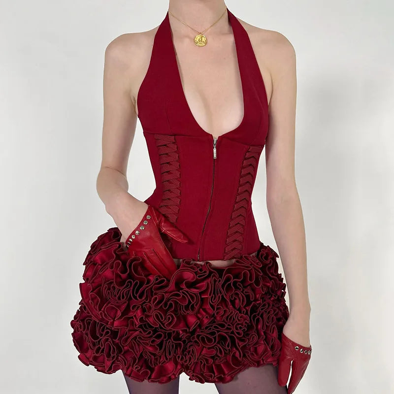 Y2K Clothes Sexy Lace Up Sleeveless Top Slim Halter Tank Tops Woman Cami Party Corset Zipper Vest Fashion Streetwear 2025 Summer