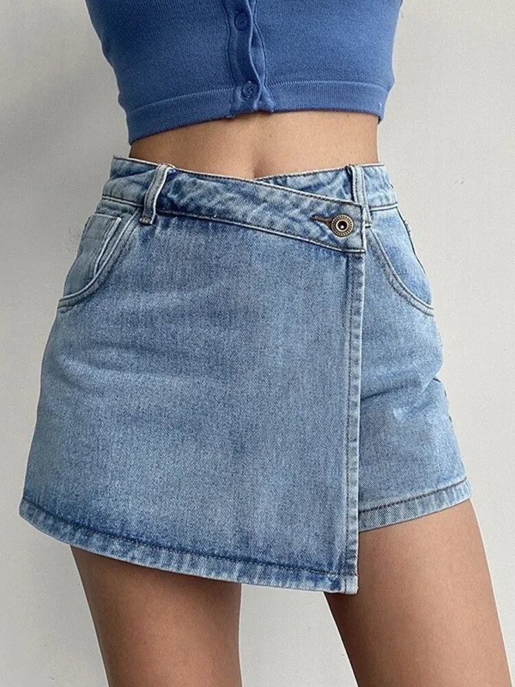 2026 Summer Women High Waist A-line Shorts Light Color Fake Two-piece Design Elegant Slimming Hot Girl Pants Denim Short Skirt