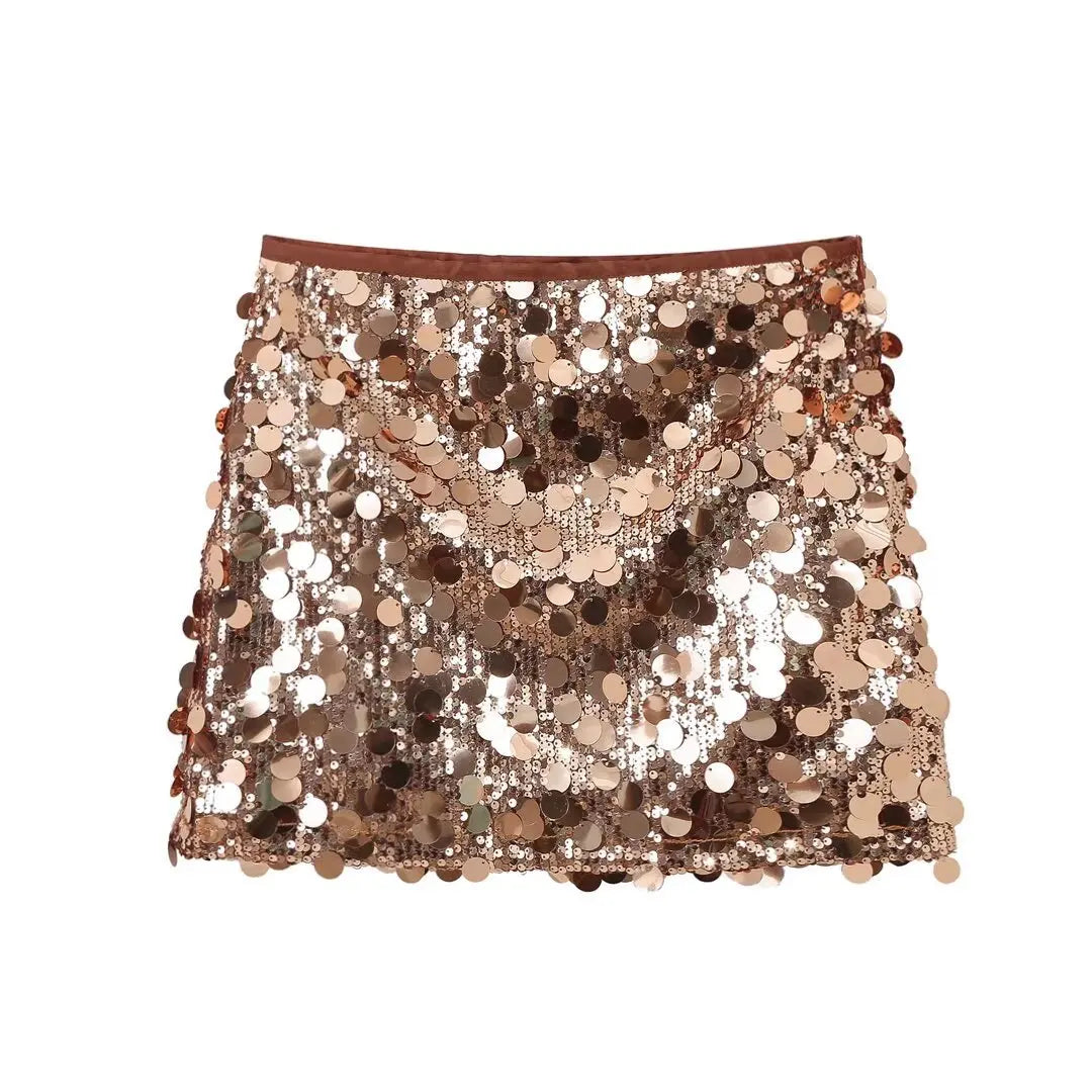 Women Fashion With Sequined Solid Side Zipper Mini Skirt Vintage High Waist Female Chic Lady Skirts
