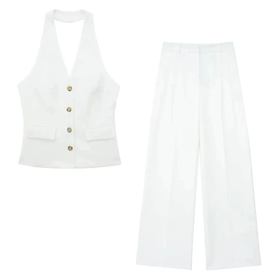 HH 2024 Female Elegant 2 Piece Solid Set High Waist Straight Trousers+Sleeveless Halter Vest Tops Chic Commuting Suit