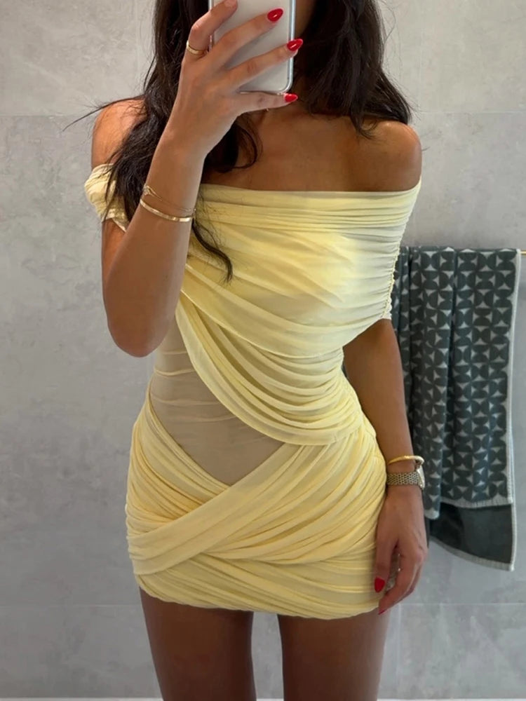Slash Neck Patchwork Multi-Layer Mesh Hollow-Out Bodycon Mini Dress | Inspired by Beren Saat