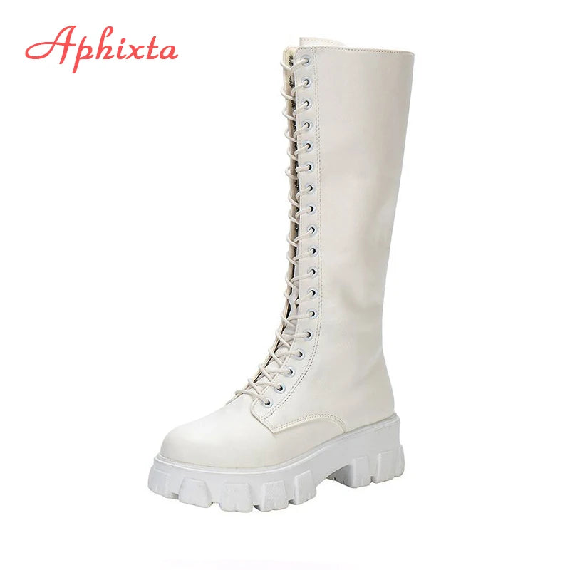 Aphixta 2025 Winter Shoes Women's Long High Boots Brown PU Leather Knee High Boots Female Fashion Lace Up Platform Botas Mujer