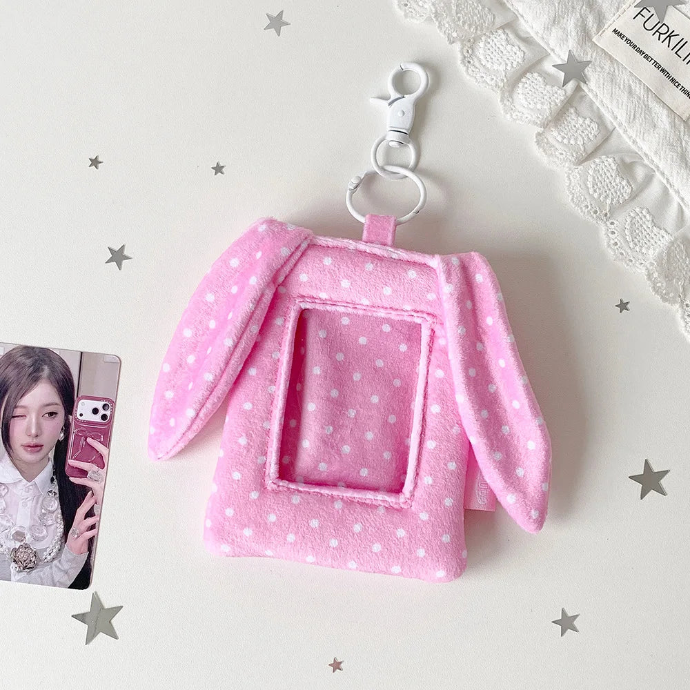 Cute Polka Dot Rabbit Ear 3 Inch Photocard Holder Keychain Korean Style Student Card Bag