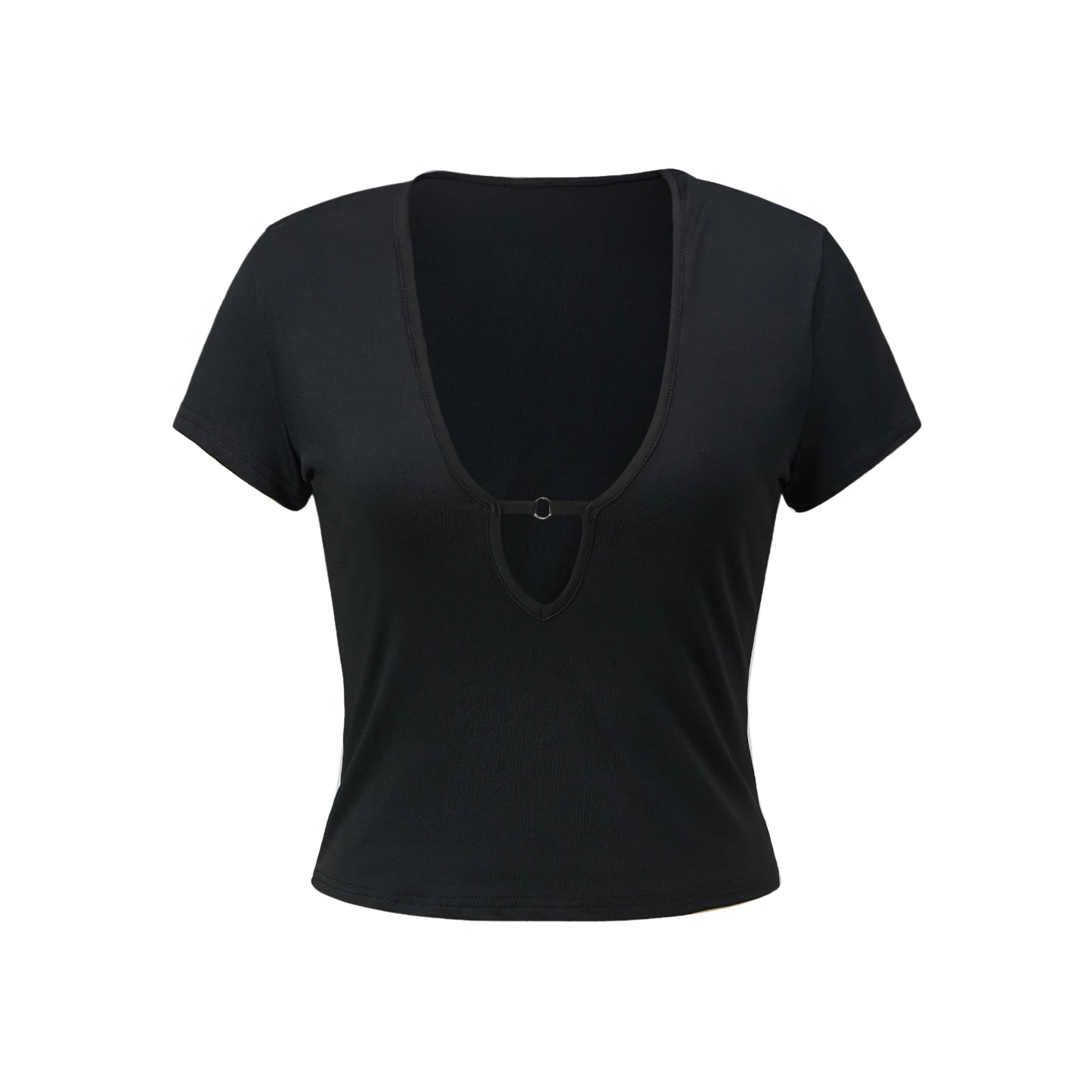 Xingqing Summer Crop Top y2k Women Clothes Solid Color Short Sleeve V Neck Metal Ring Going Out Ribbed T Shirt Club Streetwear