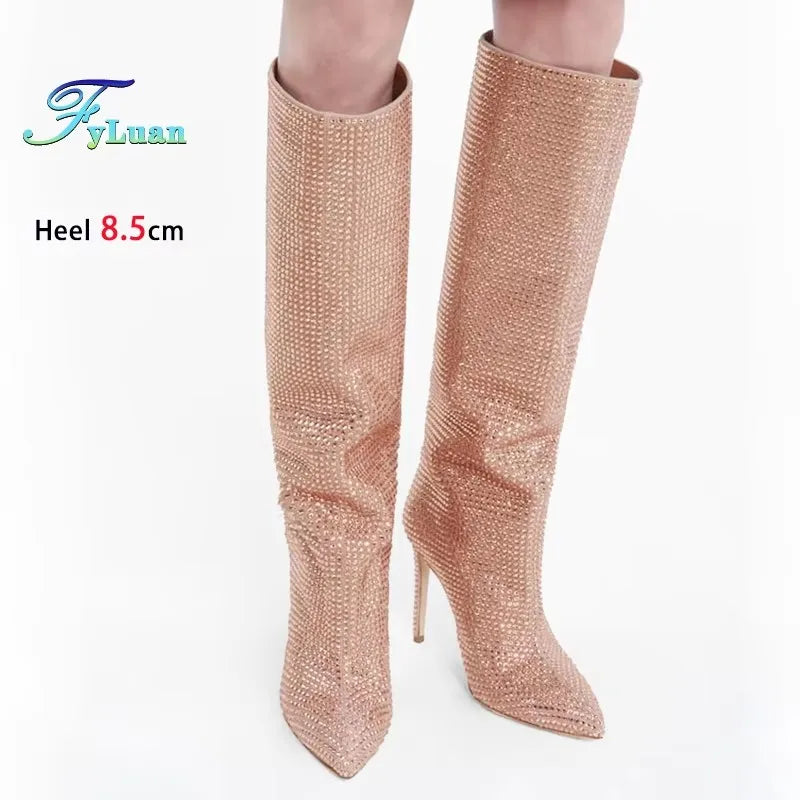 Gorgeous Rhinestones Boots Full Crystal Diamond Star Stage Shoes Women Pointy Knee-high 8.5CM Thin Heel Glitter Party Long Boots