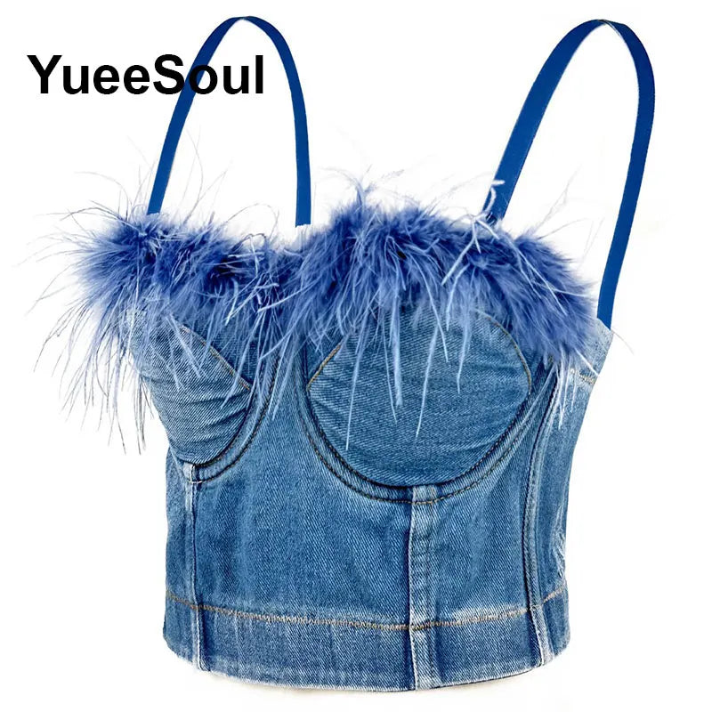 Denim Crop Tops Pearl Tassel Diamond Flower Blue Sleeveless Sexy Corset 2000s 2026 Summer New Y2K Party Evening Woman Clothes
