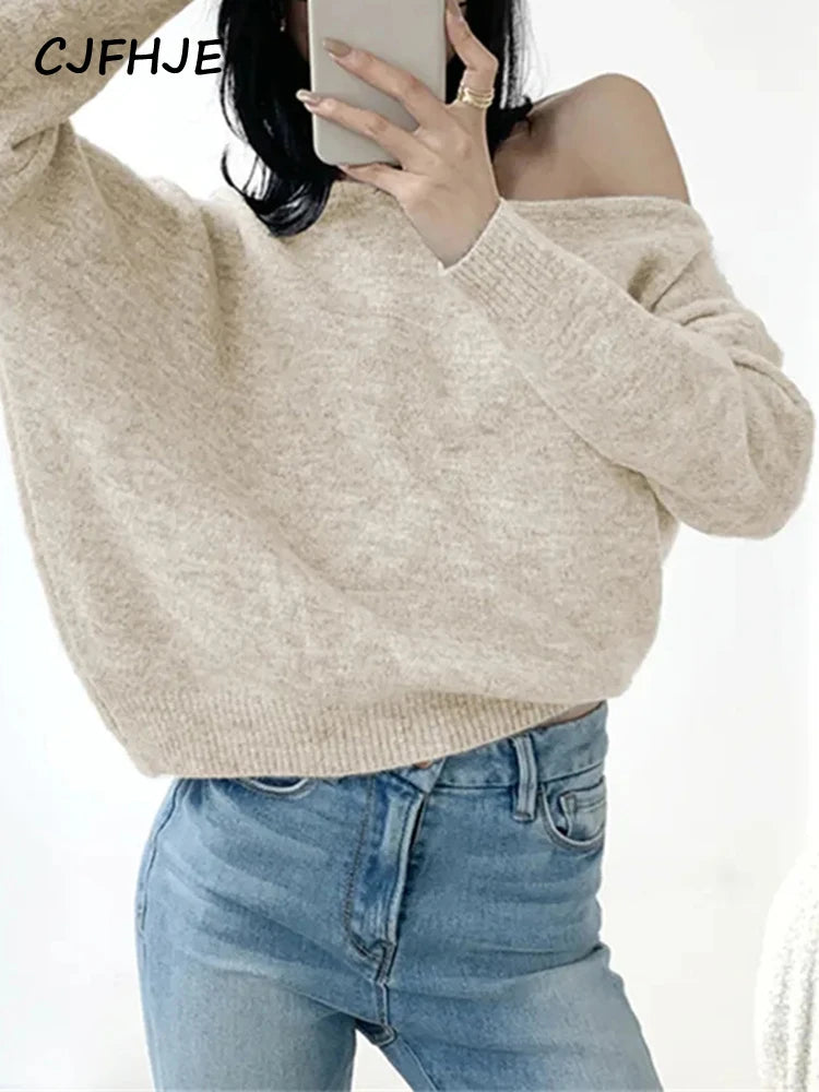 CJFHJE Vintage Korean Fashion Slash Neck Sexy Sweaters Female Irregular Knitted Pullovers Women Autumn Winter Gray Sweaters Tops