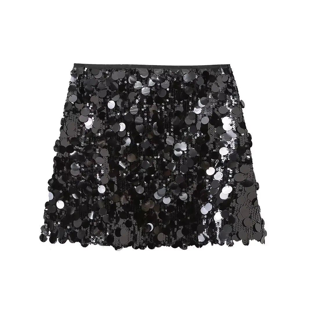 Women Fashion With Sequined Solid Side Zipper Mini Skirt Vintage High Waist Female Chic Lady Skirts