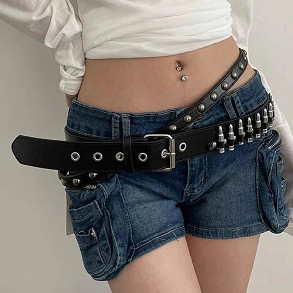 Fashion Sturdy Punk Bullet Rivet Belt Men Women Punk Hardware Jeans Belt Y2K Leather Waistband Women's Bullet Belt Accessories