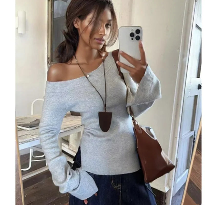 Elegant Long Sleeve Off-the-shoulder Knitted Sweater Women Pullover Bottoming Shirt Autumn Casual Office Simple Slim Fit Tops