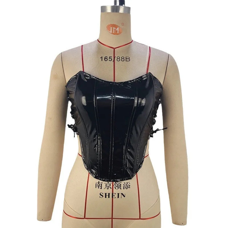 Lingerie Sexy Corset For Woman Underbust Black Bustier Lace Up Side Metallic Gold Crop Top Boned Fitted Pu Leather Waist Cincher