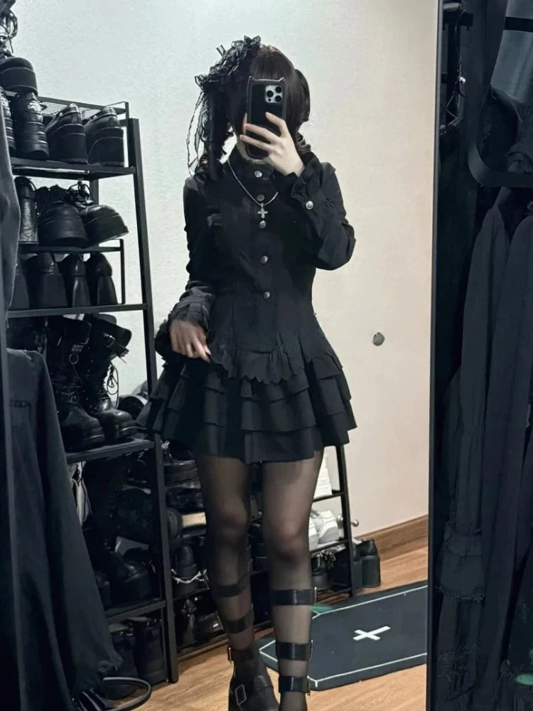 2025 Lace Button Long Sleeve Mini Dress Y2k Vintage Gothic Style Lace Up Dress Women High Street Black Lolita Slim Short Skirt