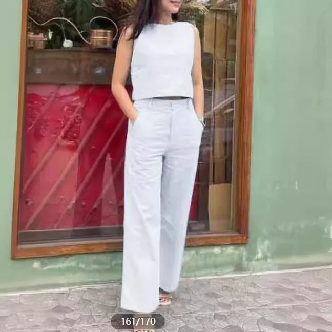 Women's Cotton Linen Set Casual Fashion Wide Leg Pants Sleeveless Pockets Solid Color Ensemble Elegant Versatile Outfit