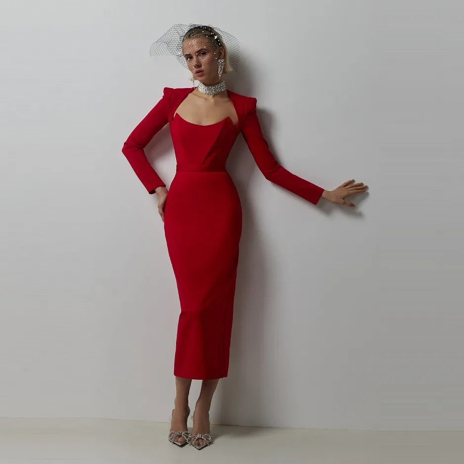 2025 Women Celebrity Sexy Long Sleeve Square Collar Rose Red Maxi Long Mini Bandage Dress Elegant Evening Club Party Outfit