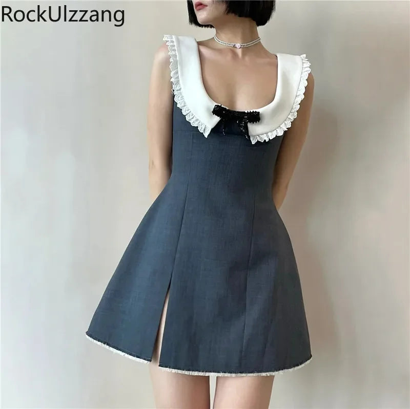 Contrast White Bow Peter Pan Neck Gray Slit Mini Dress Lolita Kawaii dresses elegant women y2k clothing summer korean fashion