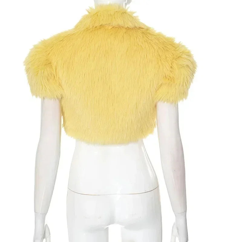 【Ready For Ship】Yellow Faux Fur Cropped Jackets Women Fall Winter Fashion Slim Sleeveless Vests Turn-Down Collar Buckle Belts Fu