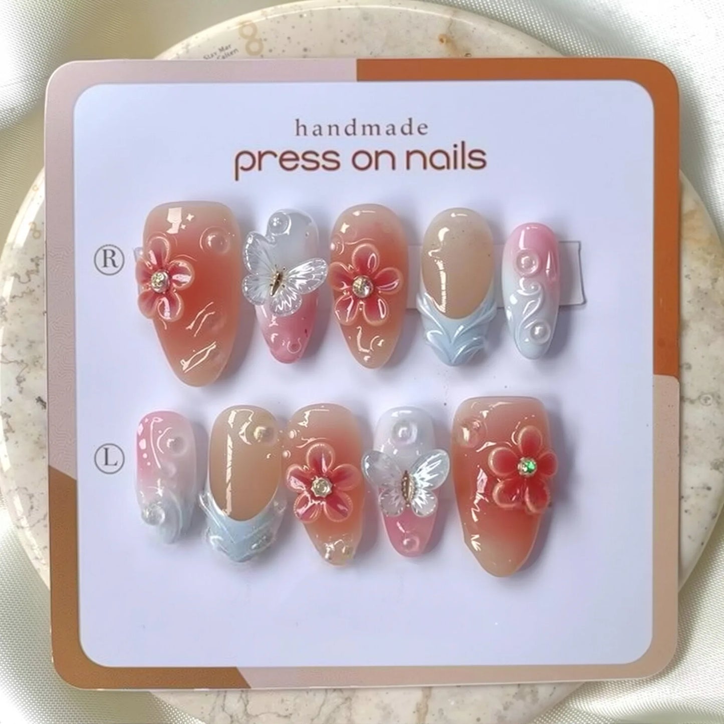 24PCS Sweet Purple Gradient French False Nails with Glue 3D Flowers Butterfly Ripples Almond Press on Nails Aurora Nails Patches