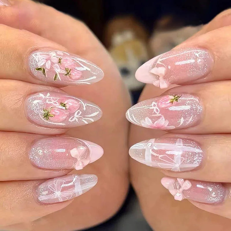 24PCS Sweet Purple Gradient French False Nails with Glue 3D Flowers Butterfly Ripples Almond Press on Nails Aurora Nails Patches