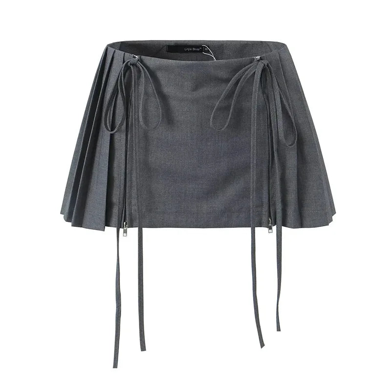 Sexy Lace Up Double Zipper Pleated Mini Skirt 2026 New Summer Fashion Elegant Women Low Waist Skirts Outfits Bottom Y2K