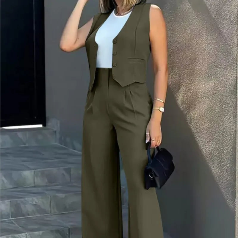 Women's Casual Waistcoat Wide Leg Pants Suit Elegant Sleeveless Vest Trousers 2 Pieces Set Solid Color Commuter Lady  Pants Set