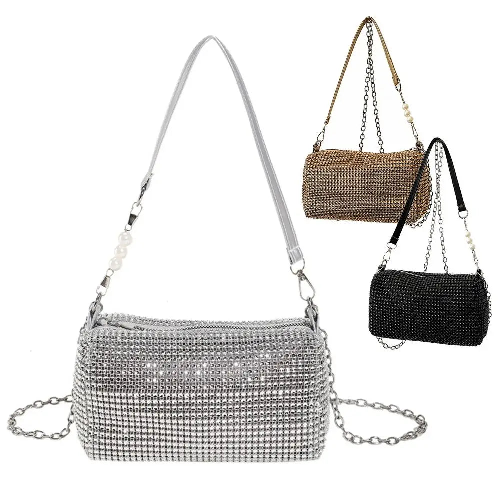 Allover Rhinestone Bucket Bag Waterproof All-match Women Crossbody Bag Mini Lightweight Glitter Chain Prom Purse for Ladies
