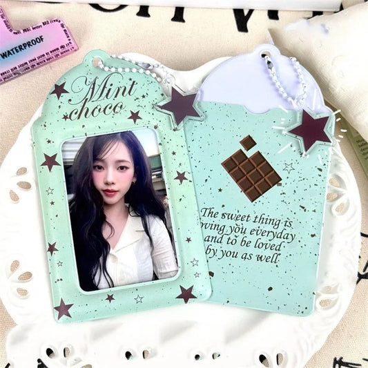 Y2K Itabag Mint Chocolate Kpop Photocard Holder 3 Inch Cute PVC Card Sleeve with Star Keychain for Idol Photo Display Bag Charm