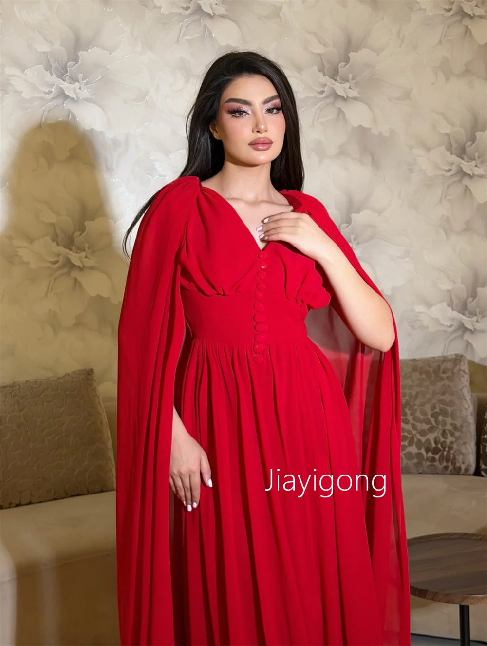 Customized Simple Chiffon Pleat Button A-line V-neck Long Bespoke Occasion Prom Dresses Fashion High Quality