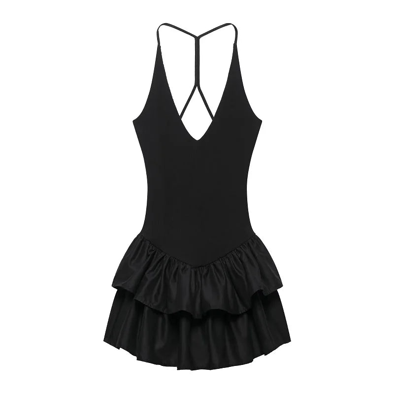 MUJER 2025 Ruffle Short Dresses for Women White Backless Halter Dress Woman Black Bodycon Mini Dresse Women Slip Party Dresses