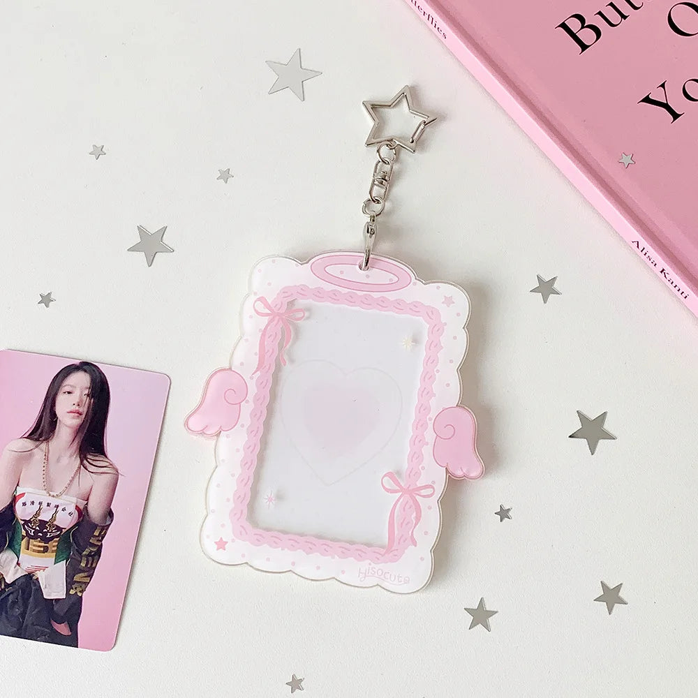 Kawaii 3-inch Photocard Holder with Wing Charm Keychain Kpop Idol Photo Sleeve for Student ID Bag Pendant Cute Card Protector