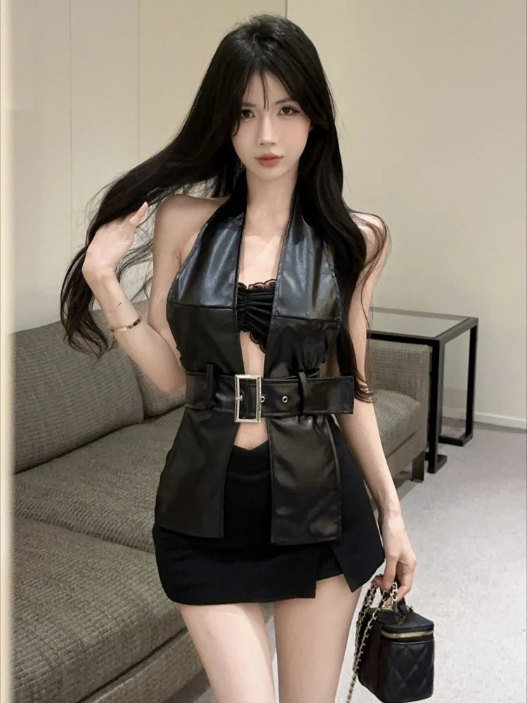 Y2k Aesthetic Two Pieces Set Women Streetwear Sexy Backless Pu Belt Tanks + Grunge Pleated Cropped Strapless Vest Summer Suit