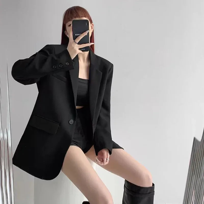 Lucyever Vintage Women's Blazer Fashion Streetwear Loose Long Sleeved Blazers All-Match Casual Single Button Office Lady Coat