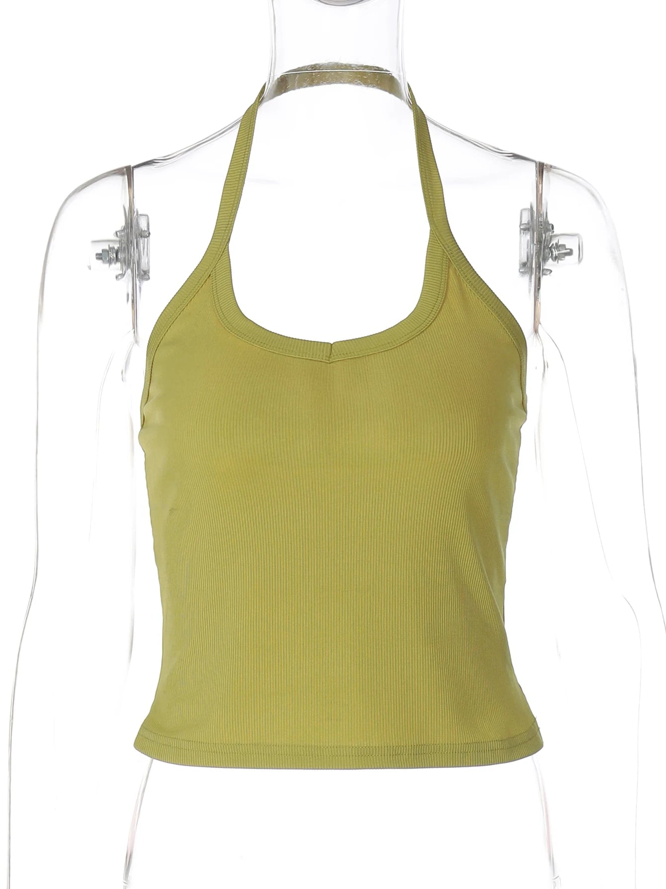 Hugcitar 2026 Summer Ribbed Halter Backless Solid Sexy Crop Tank Top Casual Y2K Women Clothes Beach Vacation Streetwear Yoga