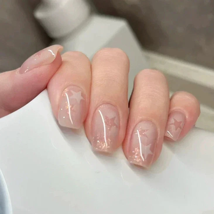 24pcs Cute Girly Short Square False Nails Sweet White French Nail Glitter Star Rhinestones Nail Art Cat Eye Bow Press On Nails