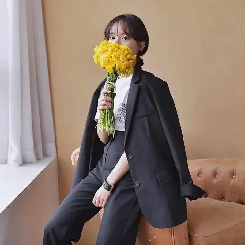 Insozkdg 2024 Autumn Winter Retro Casual Long Sleeves Jacket + Wide-leg Pants Commuter Solid Color Single-breasted Two-piece Set
