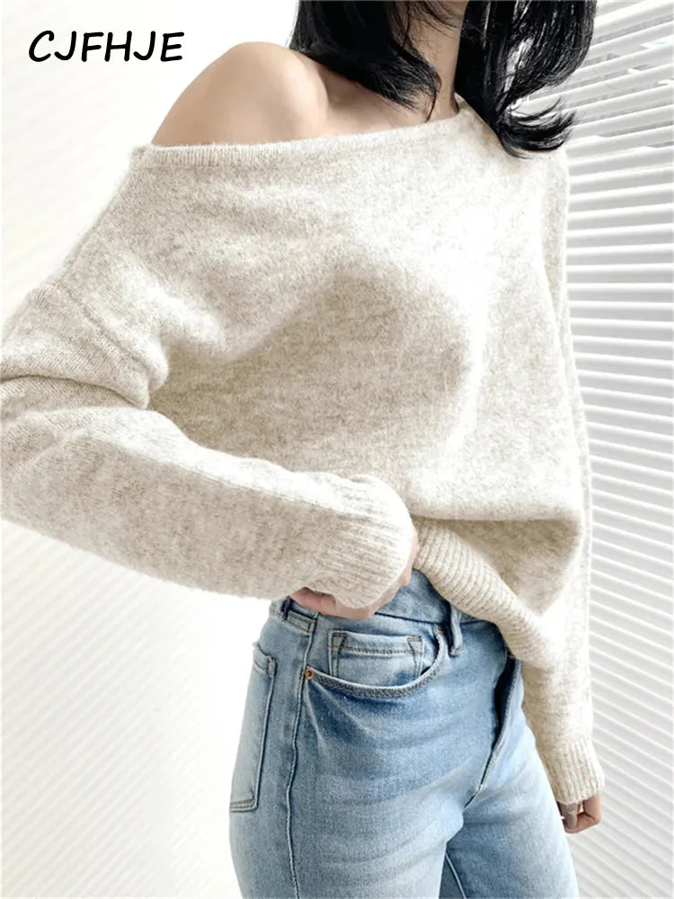 CJFHJE Vintage Korean Fashion Slash Neck Sexy Sweaters Female Irregular Knitted Pullovers Women Autumn Winter Gray Sweaters Tops