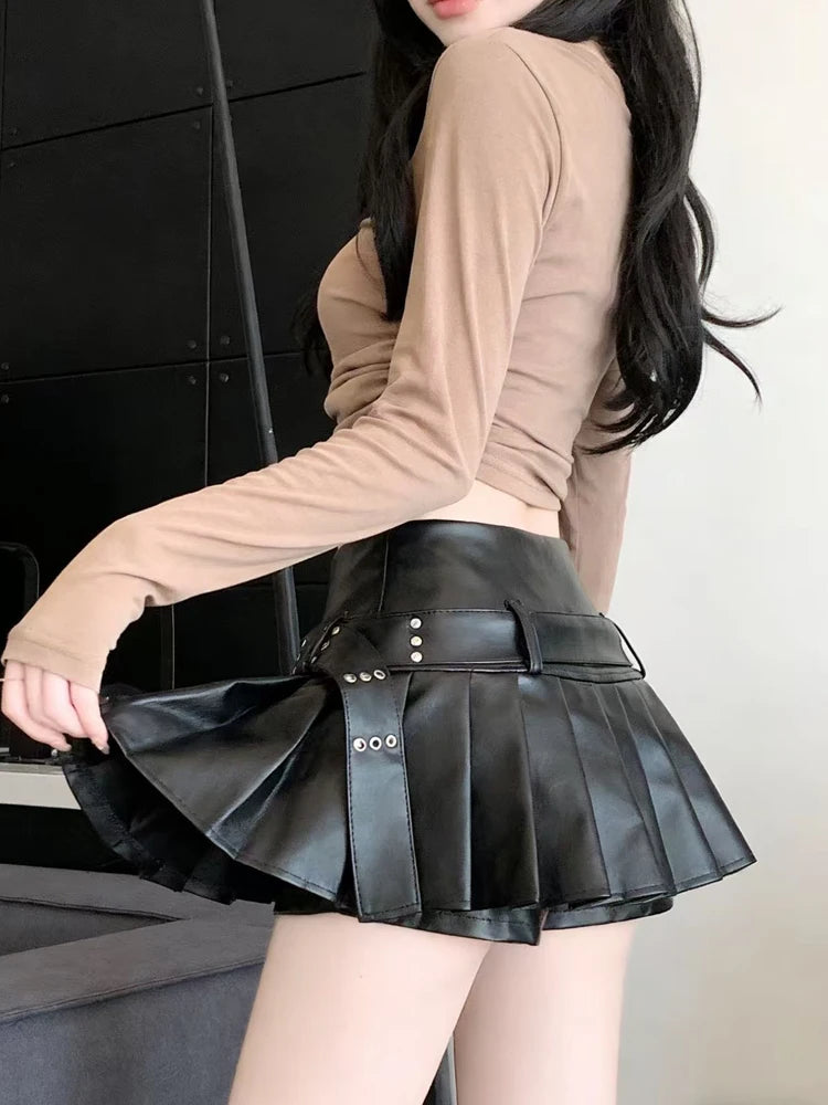 Gothic A-Line Pleated Leather Mini Skirt | Inspired by Özlem