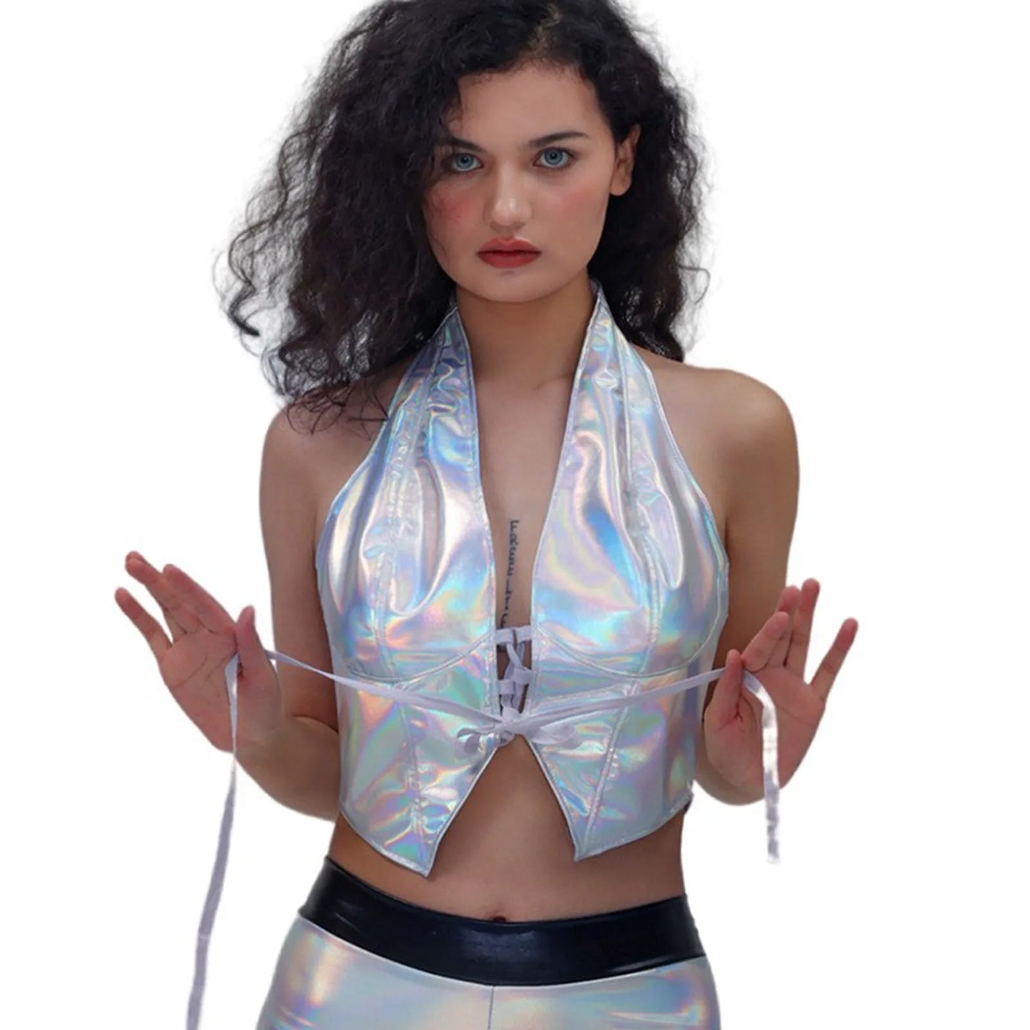 Women Glitter Tank Tops Sexy Backless Lace Up Party Club Metallic Shiny Crop Tops Low Waist Shorts Rave Festival Trendy Outfits