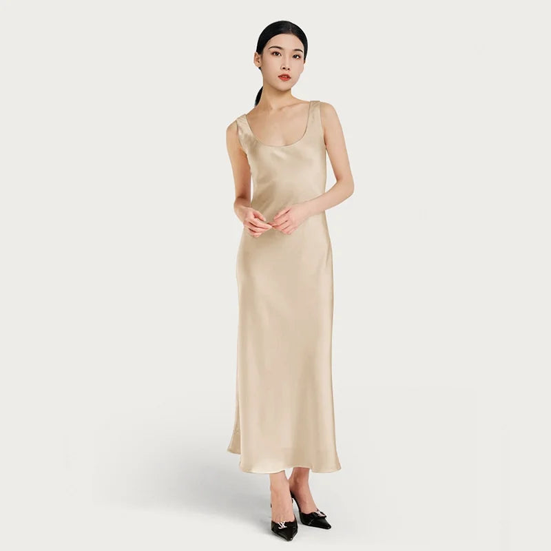 BirdTree OEKO-TEX 22MM 100% Silk Solid Dress,European Size Women U-neck Sleeveless Sling Dresses,2026 Summer New Dress D5O505JF