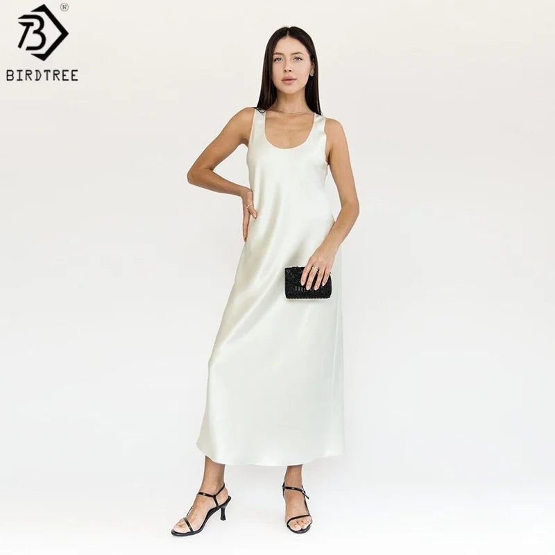 BirdTree OEKO-TEX 22MM 100% Silk Solid Dress,European Size Women U-neck Sleeveless Sling Dresses,2026 Summer New Dress D5O505JF