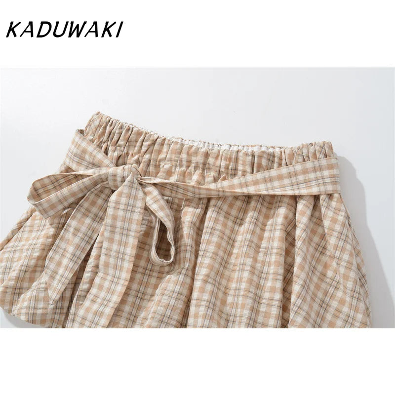 KADUWAKI Summer Plaid Printed Hanging Neck Sloping Shoulder Lace Up Slim Fit Top Khaki Mini A-line Fluffy Skirt 2-piece Sets Y2k