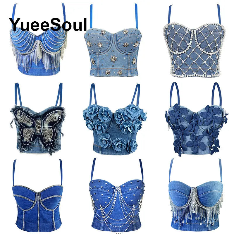 Denim Crop Tops Pearl Tassel Diamond Flower Blue Sleeveless Sexy Corset 2000s 2026 Summer New Y2K Party Evening Woman Clothes