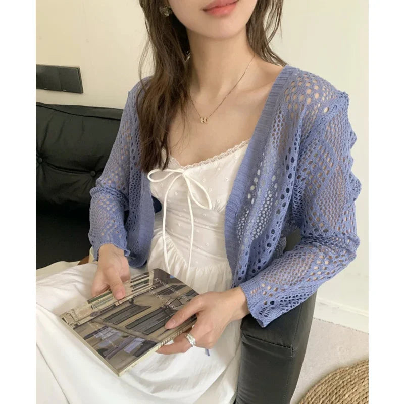 Sheer Pointelle Knit Crop Cardigan with Tie Front Openwork Long Sleeve Short Jacket Top Cover for Women Teen-girl Cute Outfit