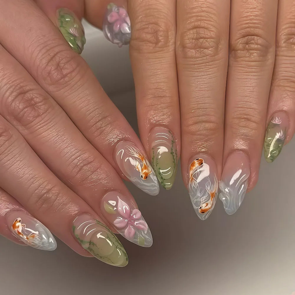 Gradient Flower Decor Almond Shaped Press-On Nails