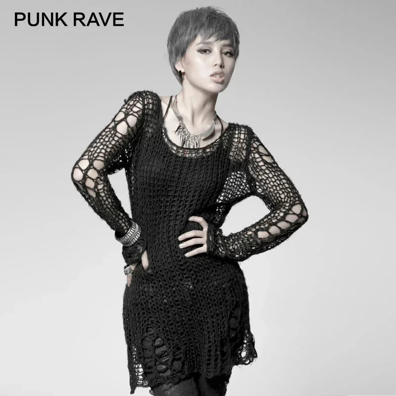 PUNK RAVE Women's Punk Broken Pullover Striped Sweater Gothic Visual Kei Fashion Daily Loose Tops Women Clothing