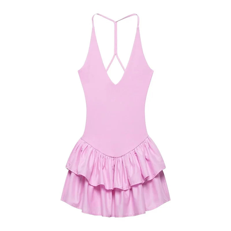 MUJER 2025 Ruffle Short Dresses for Women White Backless Halter Dress Woman Black Bodycon Mini Dresse Women Slip Party Dresses