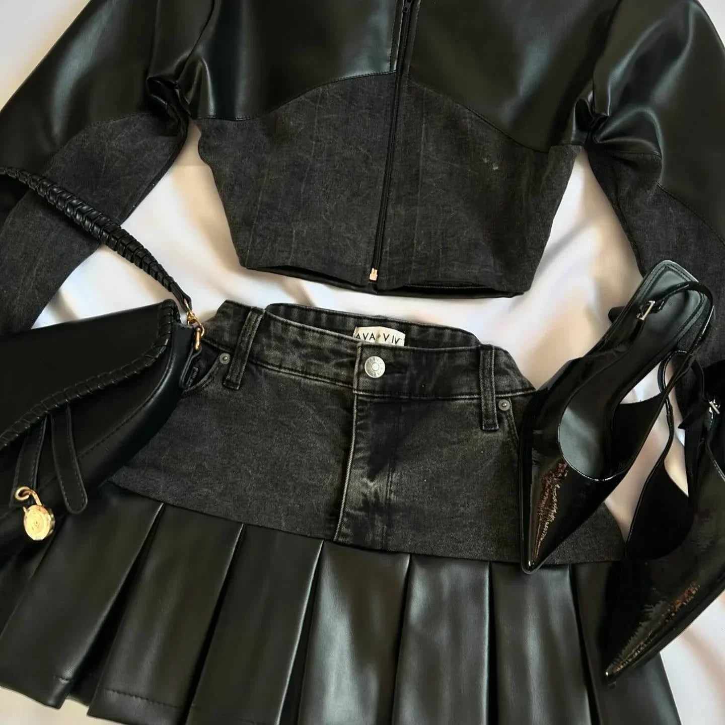 Y2K Black Leather Spliced Piece Set Denim Two Women Harajuku Zipper Long Sexy Sleeved Jacket Pleated Skirt Motorcycle Suit