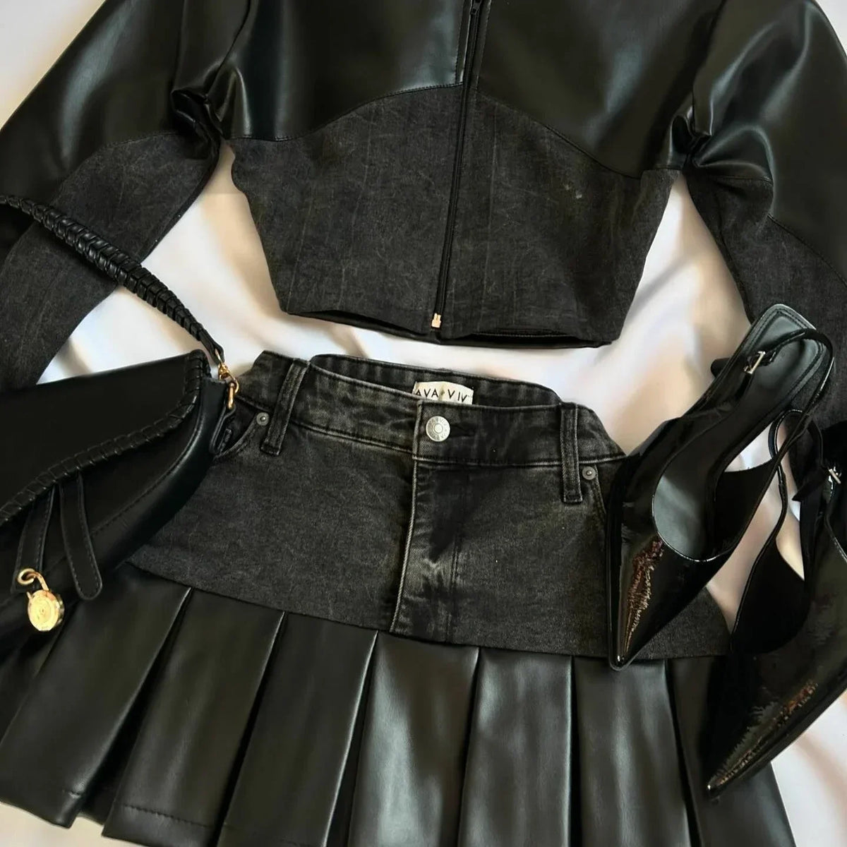 Y2K Leather & Denim Jacket + Pleated Skirt Set | Inspired by Özlem
